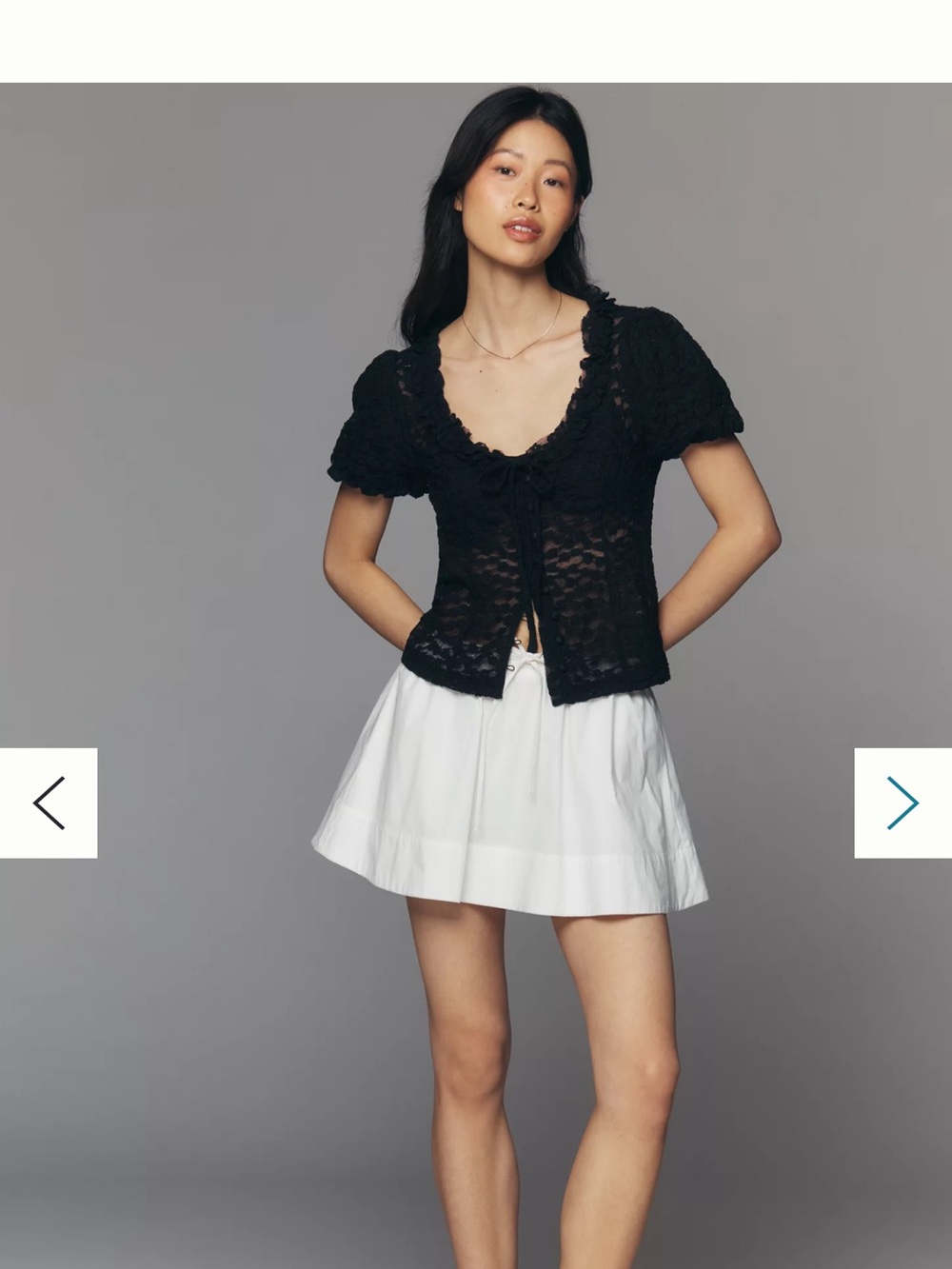 Black Lace Tie-Front Puff Sleeve Top